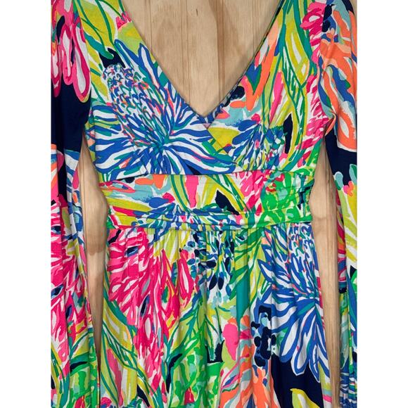 Lilly Pulitzer Fleur Dress XS Travelers Palm V-Neck Long Sleeve Fit and Flare - Picture 4 of 8